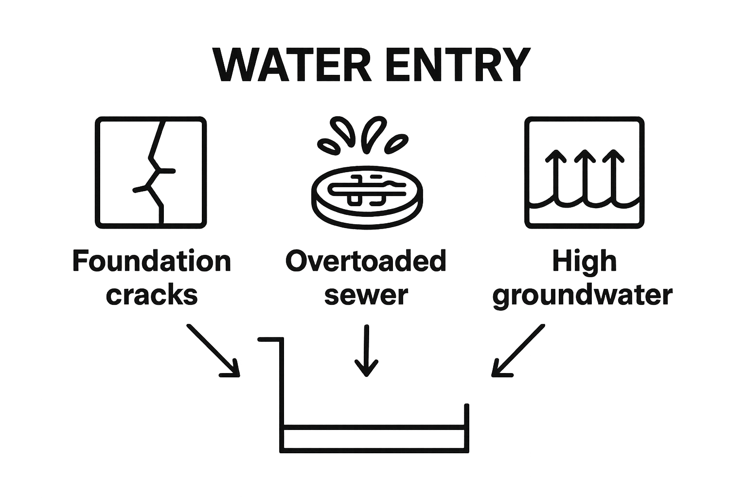 Diagram showing how water enters: Foundation cracks, overloaded sewer, and high groundwater feed a basin.