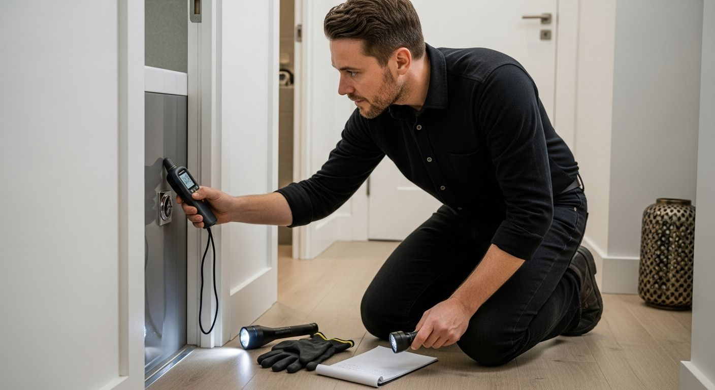 Man kneeling, inspecting a door frame with a flashlight, notebook, and gloves on the floor.