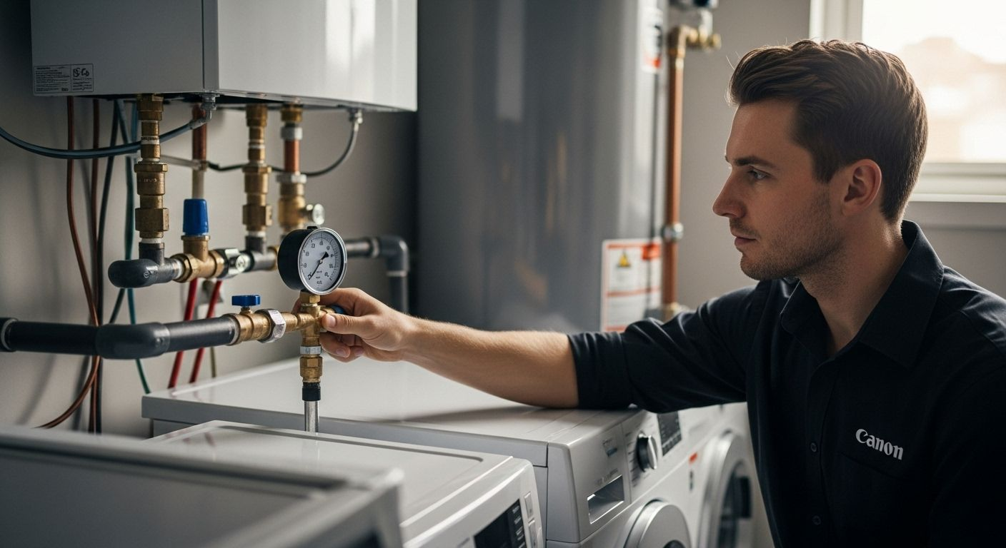 Man in a black shirt checking a water pressure gauge in a utility room with a washing machine.