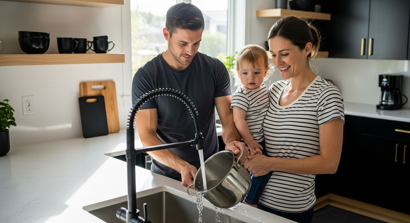 Family washes a pot in a modern kitchen. Father at sink, mother holding child, all smiling.