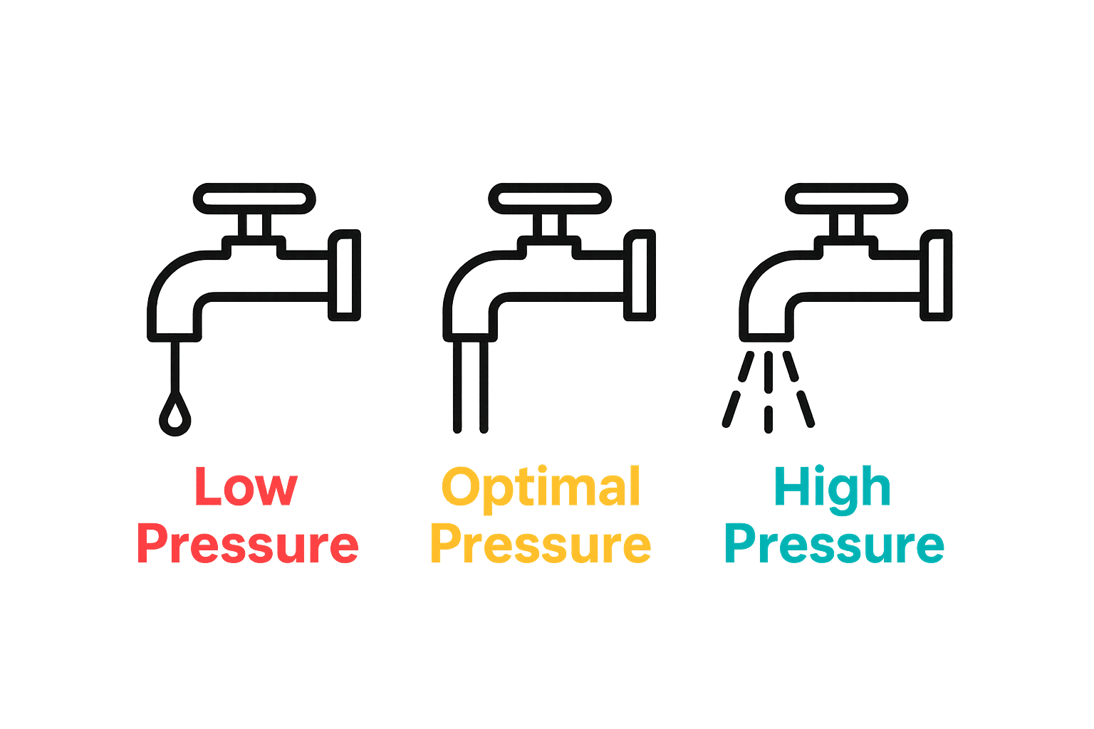 Three faucets illustrating low, optimal, and high water pressure, represented by a single drop, a steady stream, and multiple streams.