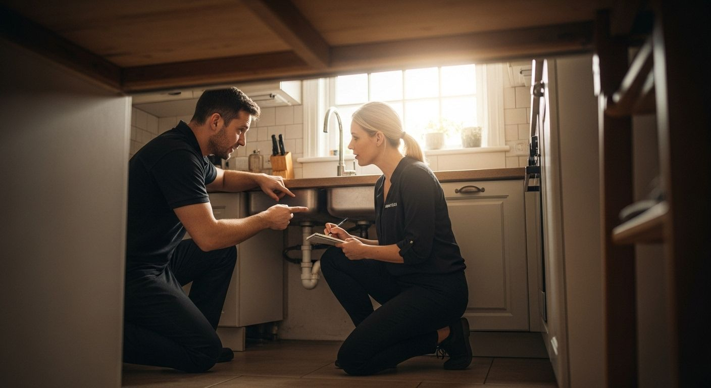 Two plumbers, a man and a woman, working on pipes under a kitchen sink.