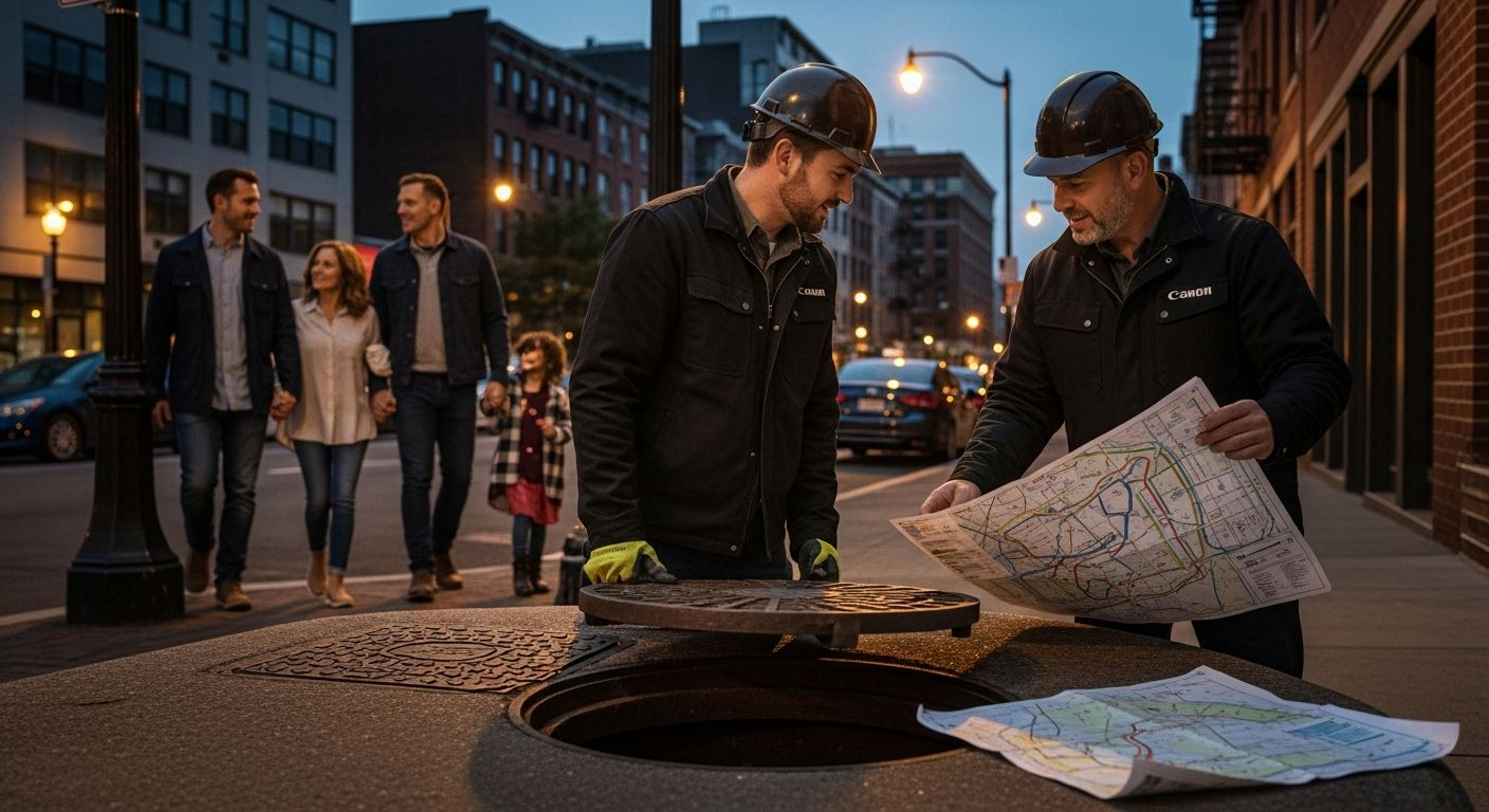 Two construction workers examine a map over an open manhole on a city street; a family walks by.