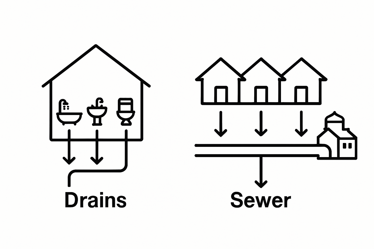 Diagram showing home drains to sewer system, from individual houses to a treatment plant.