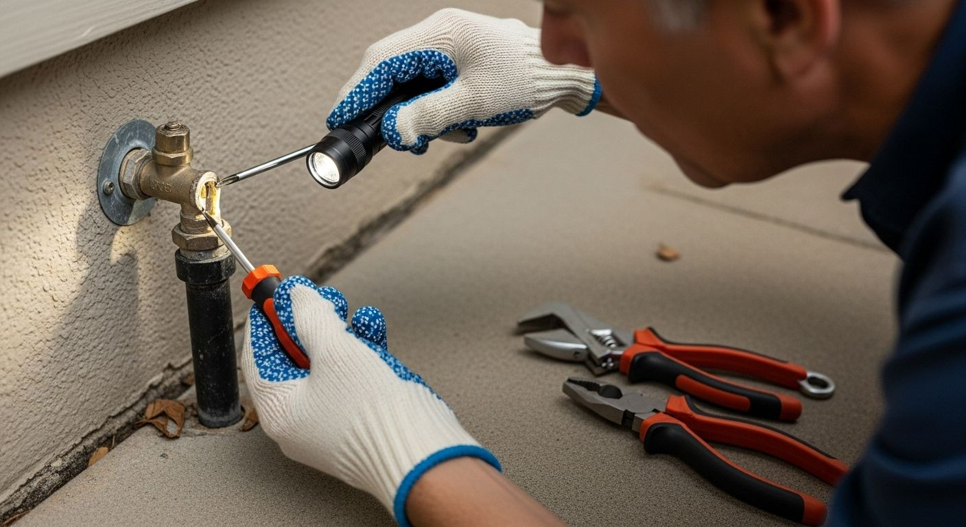 Man using a flashlight and screwdriver to fix an outdoor faucet. Tools and gloves visible.