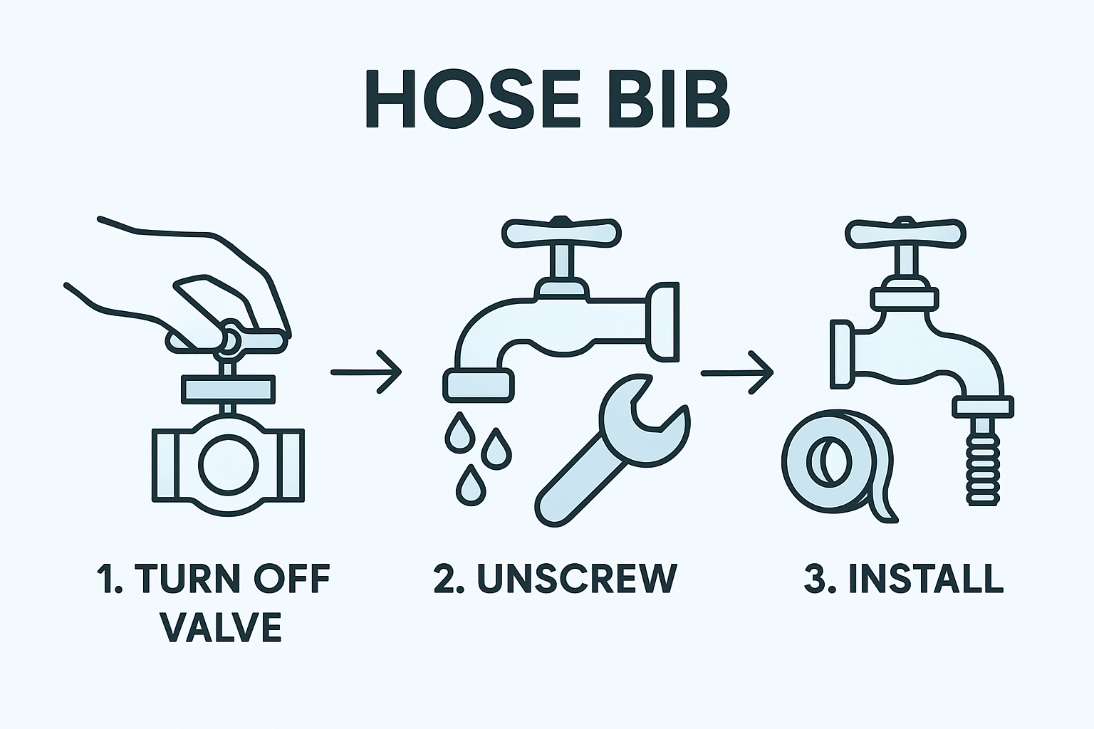 Instructions for replacing a hose bib: turn off valve, unscrew old bib, install new bib with tape.