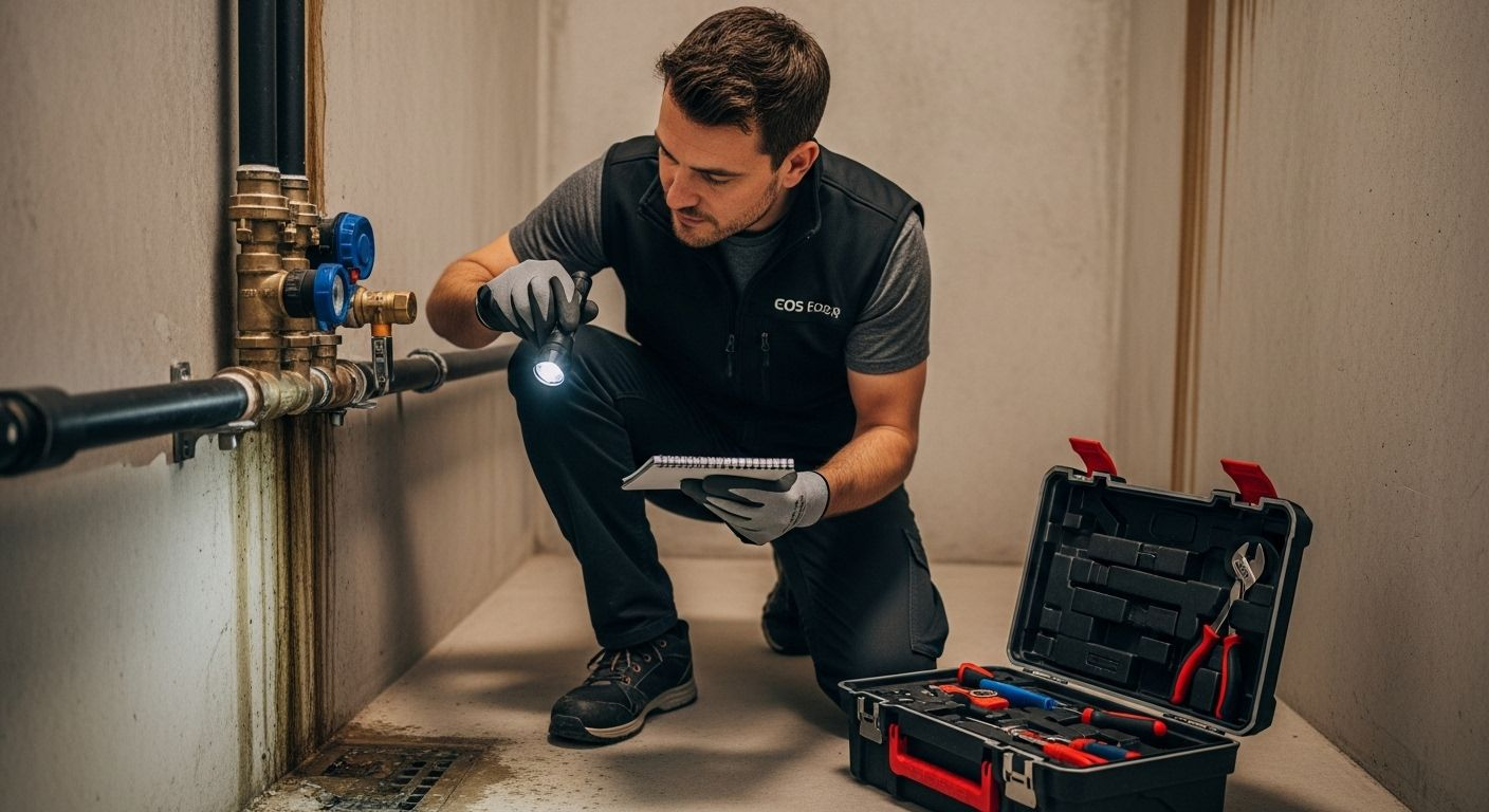 A man examines plumbing with a flashlight and tablet in a basement.