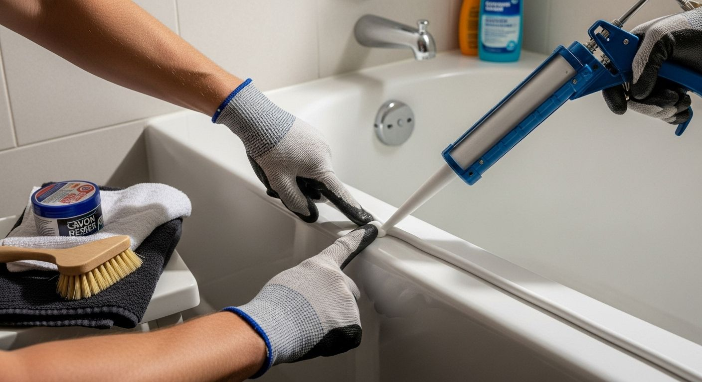Person caulking a white bathtub, wearing gloves.