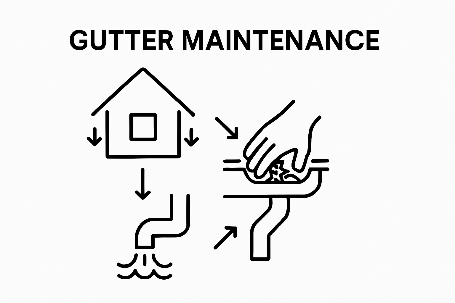 Gutter maintenance graphic: House with arrows to downspout, hand cleaning gutter.