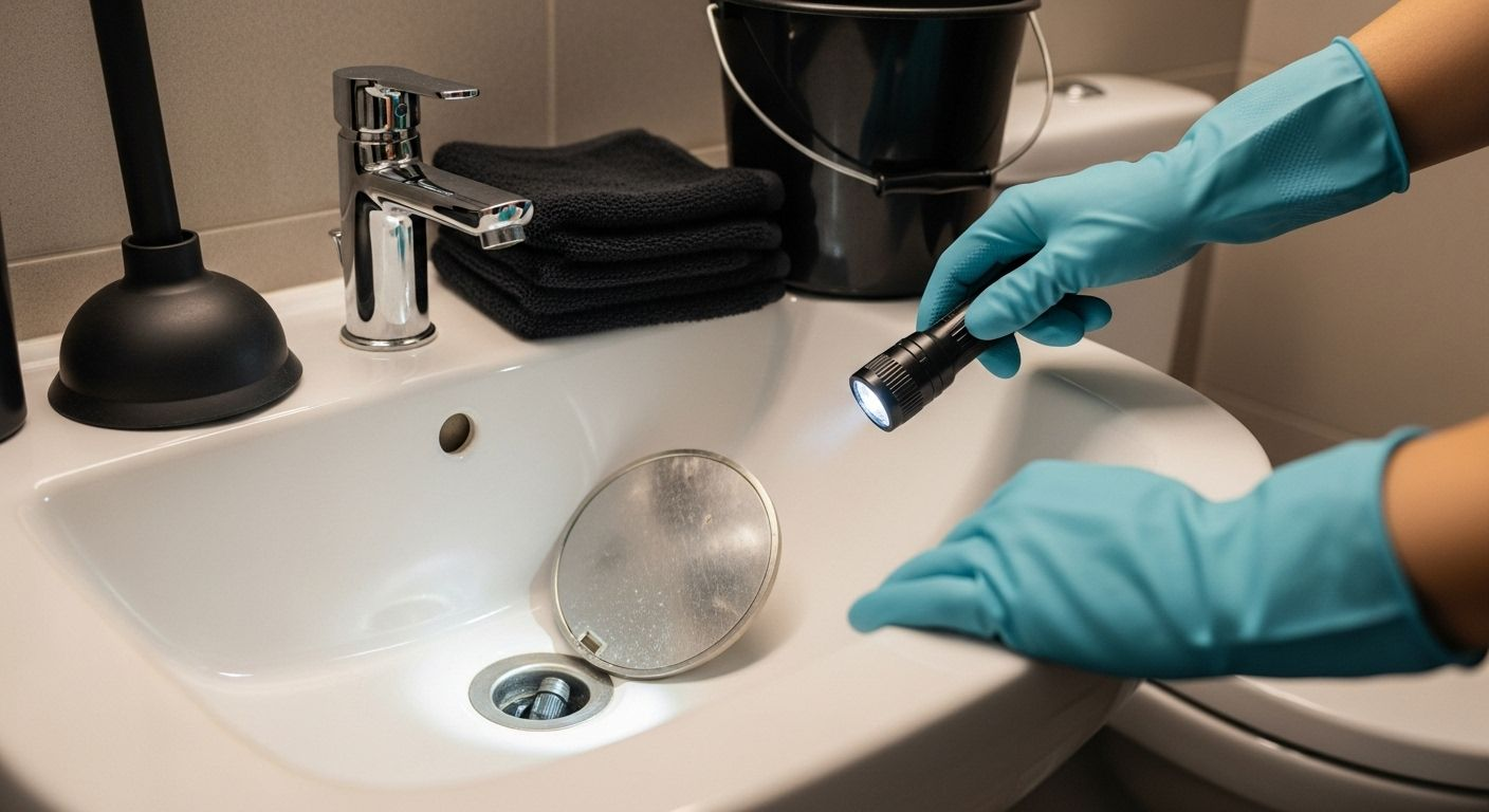 Person in blue gloves using a flashlight to inspect a bathroom sink drain.