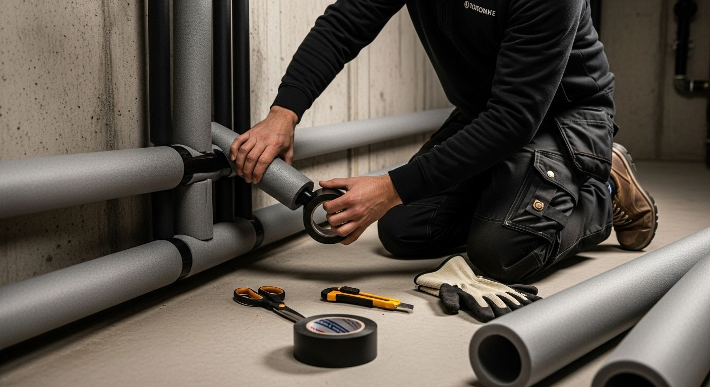 Plumber installing pipe insulation in a basement. Gray pipes, black tape, and tools on the floor.