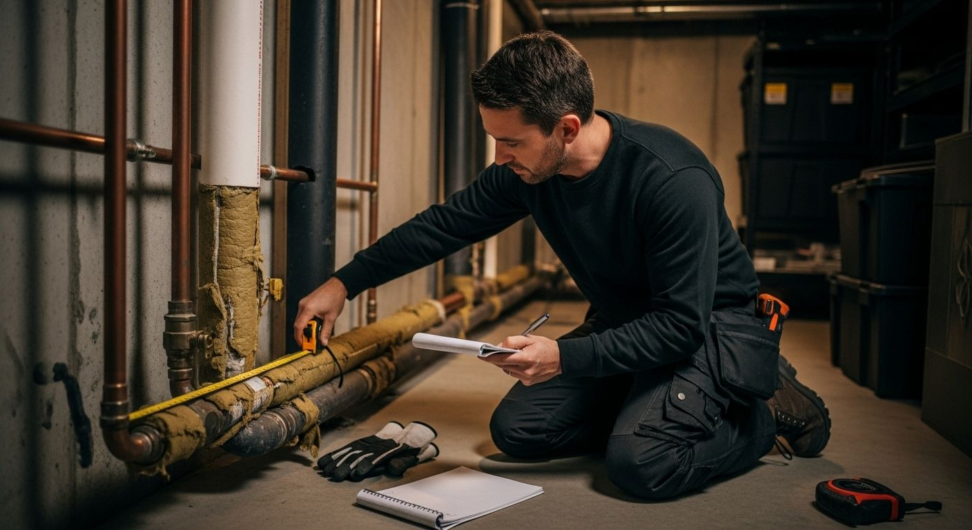 Man kneeling, measuring pipe insulation in a basement, taking notes.