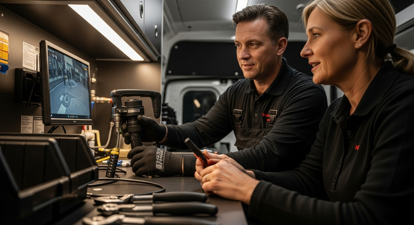Two people in a dim workshop inspect equipment at a cluttered workbench with monitors and tools.