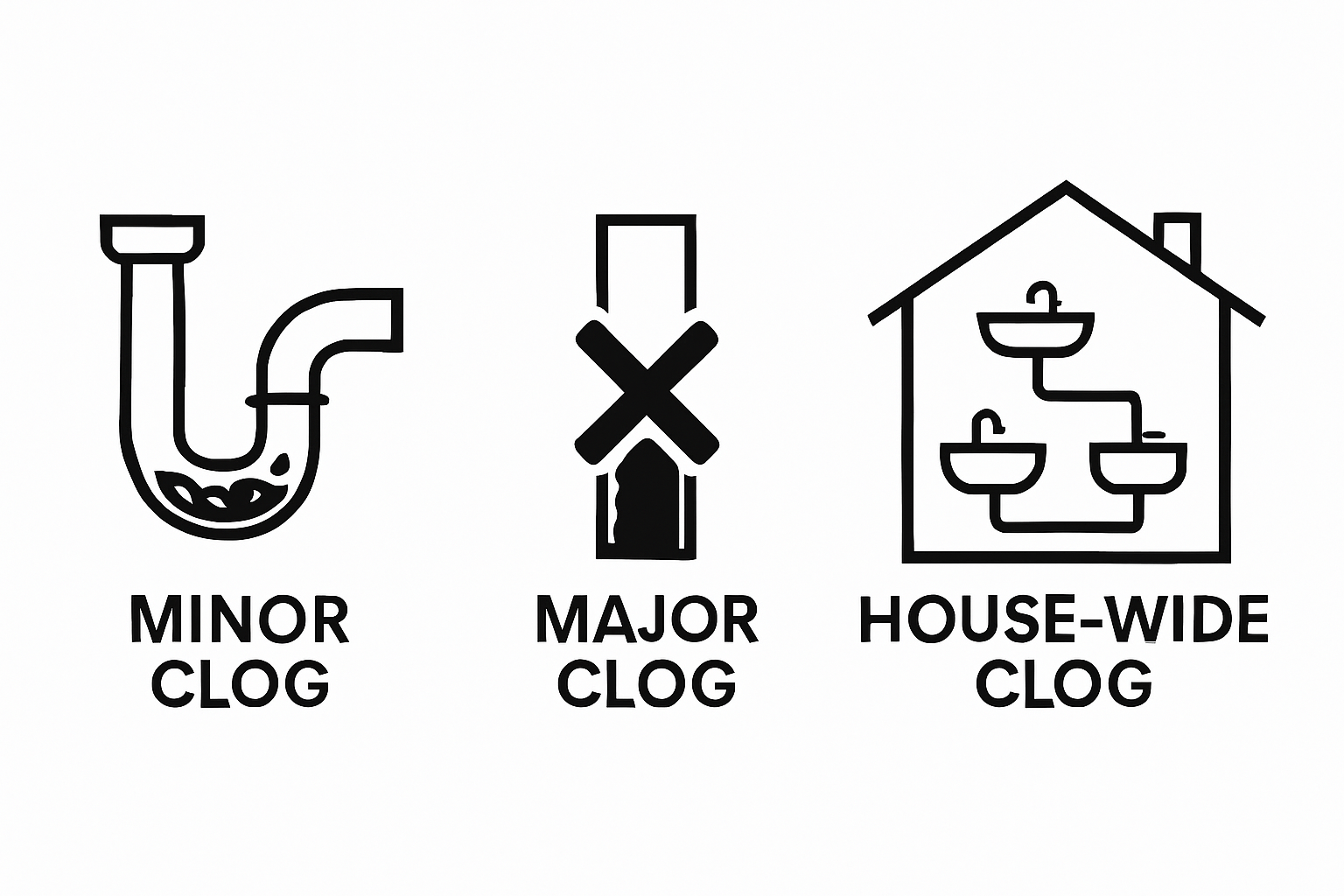 Three plumbing icons labeled minor clog, major clog, and house-wide clog.