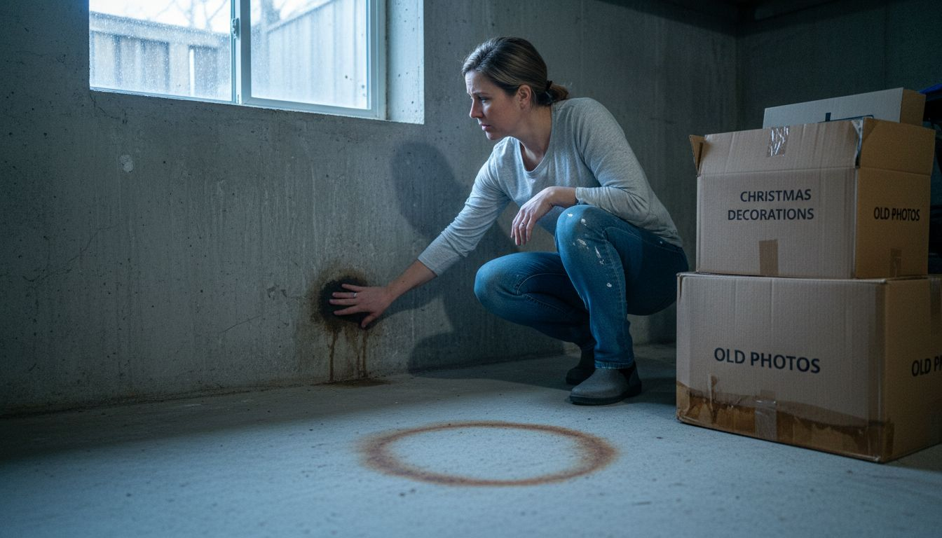 Person crouches beside a damp wall, inspecting a dark spot on the floor near stacked boxes.