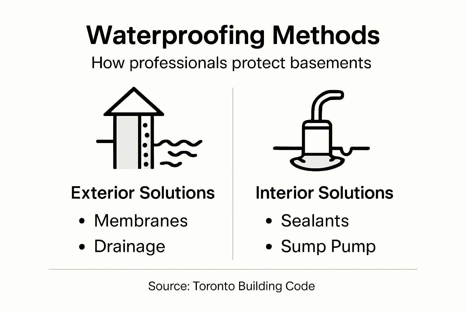 Waterproofing methods infographic showing exterior membranes and drainage, plus interior sealants and sump pump.