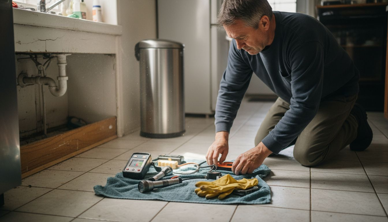 Man kneeling on tiled floor, sorting tools and cords beside a blue cloth in a kitchen-like room