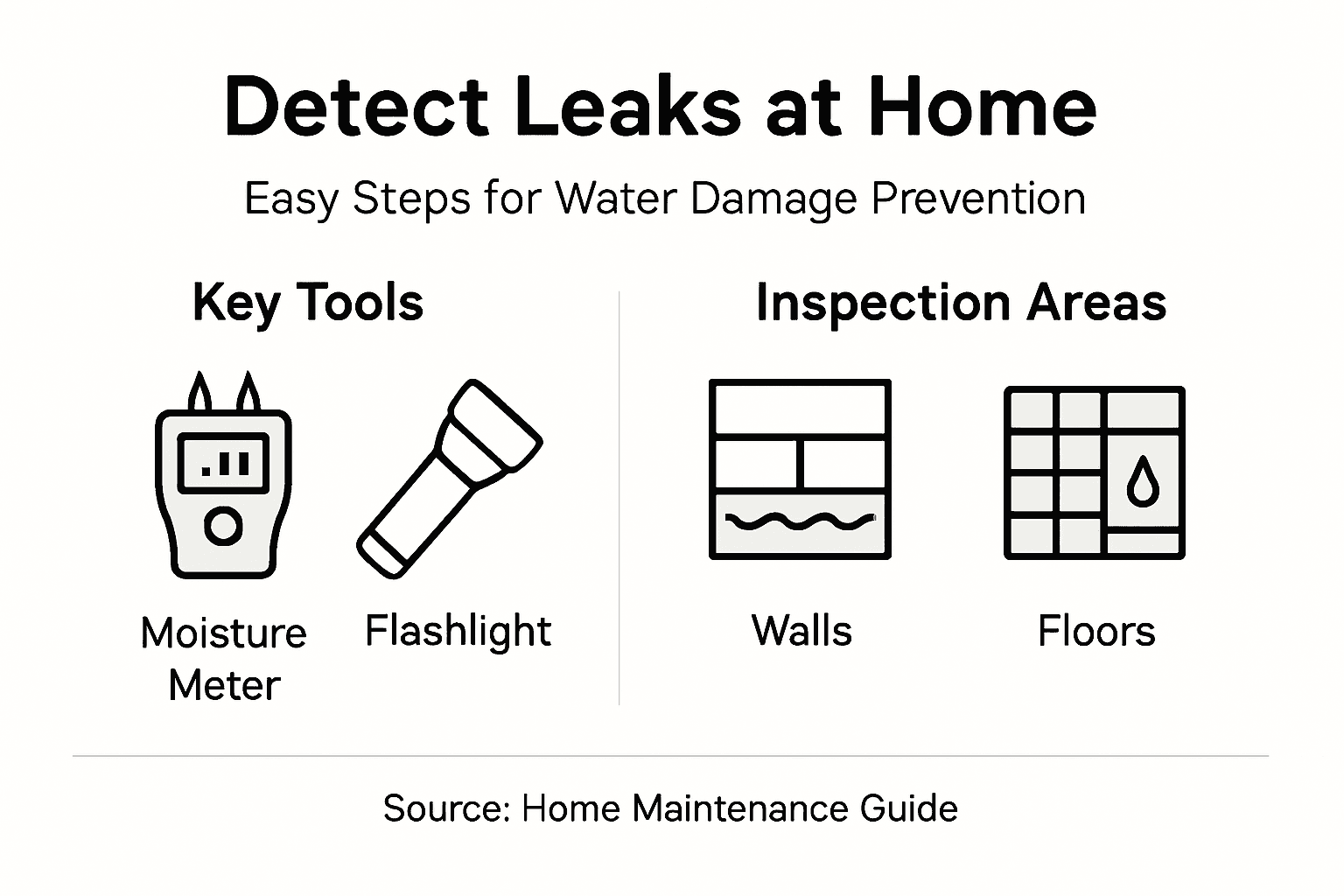 Infographic on detecting home leaks with moisture meter, flashlight, and inspection areas: walls and floors.