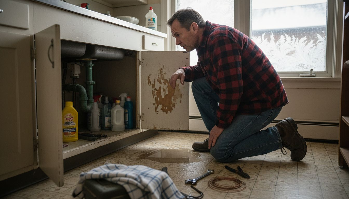 Man kneels at a kitchen cabinet under a sink leak, inspecting water damage and tools on the floor.