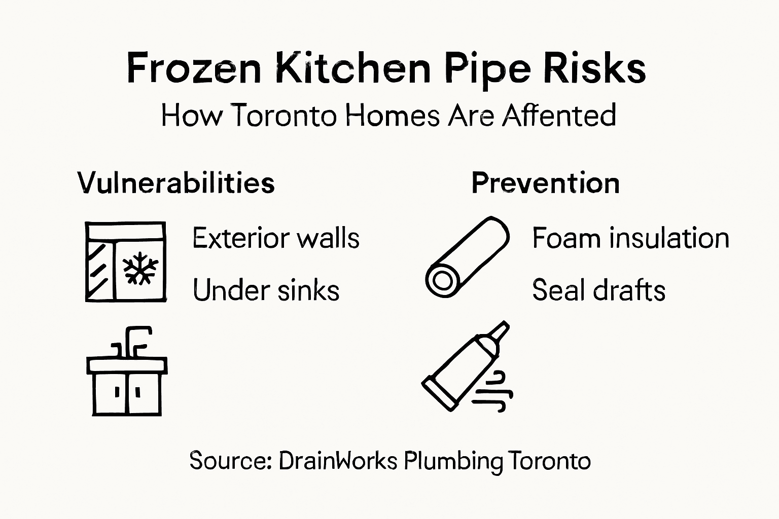 Infographic on Toronto frozen kitchen pipe risks, showing vulnerabilities and prevention tips for walls, sinks, foam insulation, and drafts