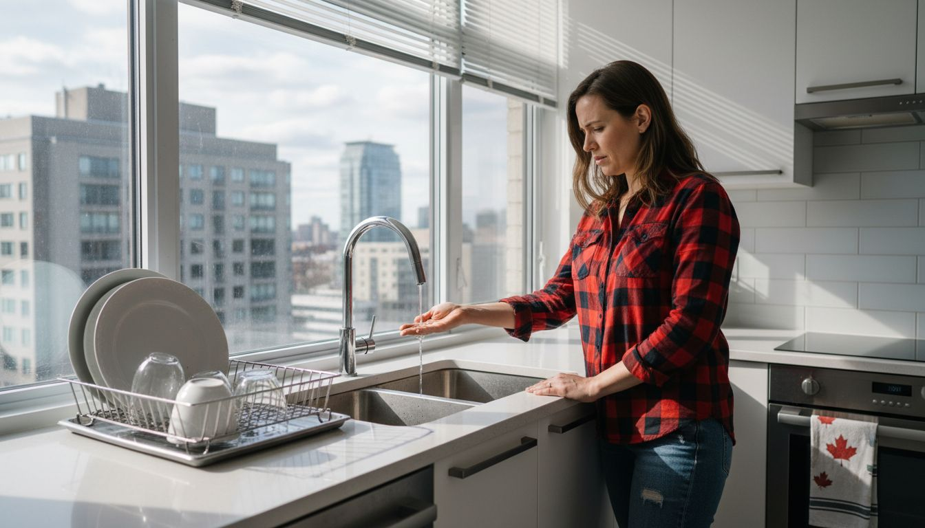 Woman washing dishes by a kitchen sink with city buildings visible through large windows.