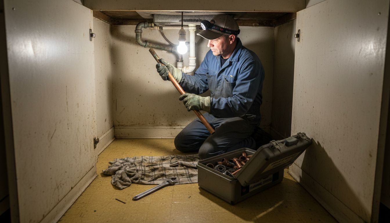 Worker in blue coveralls using a heat gun inside a small metal enclosure, tools nearby.