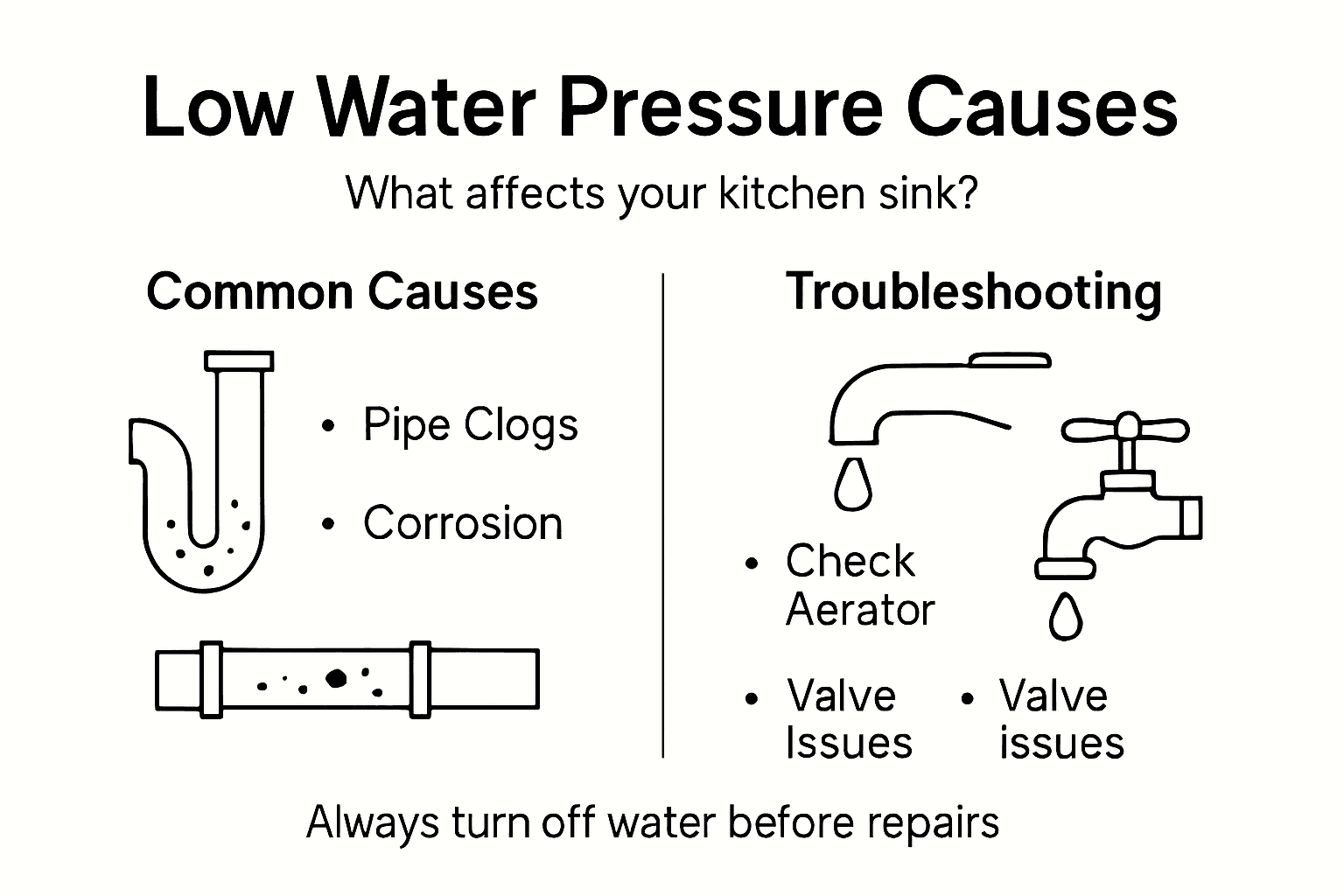 Infographic on low water pressure causes and fixes, with common causes and troubleshooting tips for kitchen sinks.