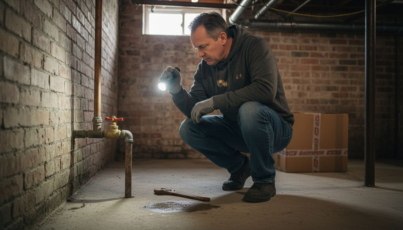 Inspector crouches in a dim basement, shining a flashlight at a wet spill on the floor.