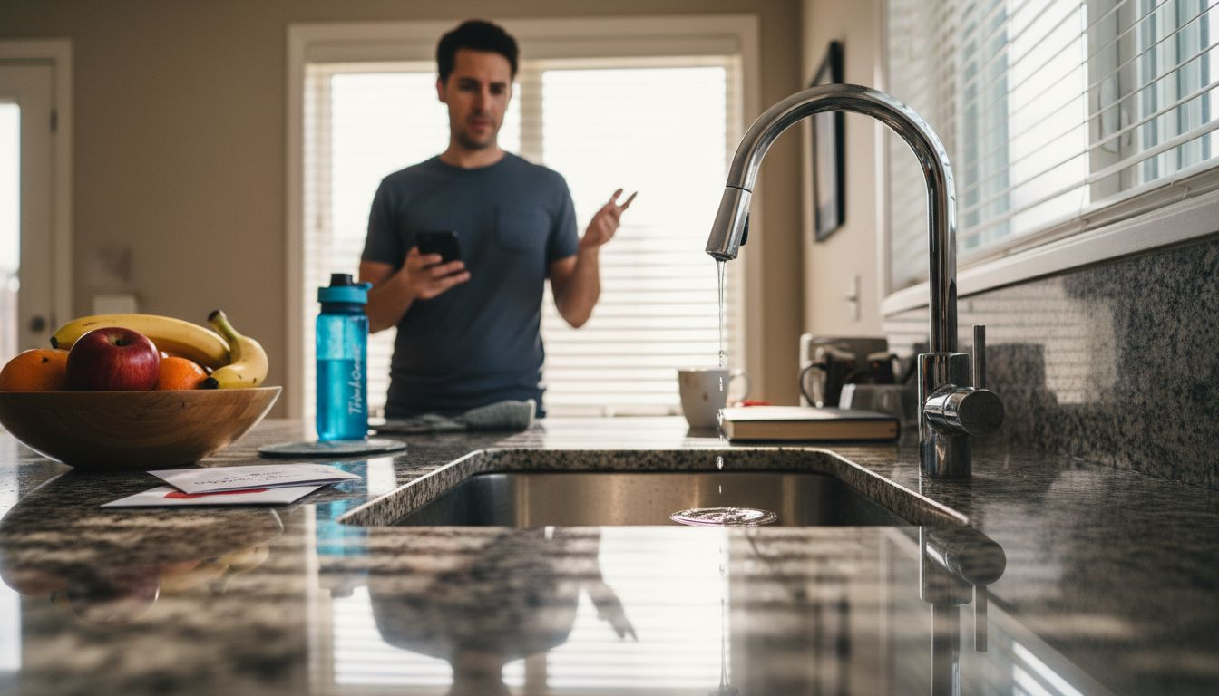 Man standing in a modern kitchen, holding a phone and gesturing beside a sink and fruit bowl.