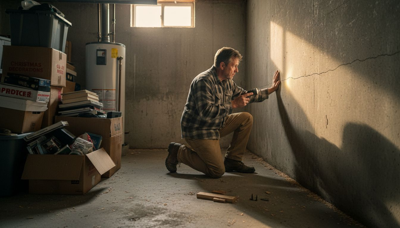 Man kneels in a dim basement, working on a wall lit by a beam of sunlight.