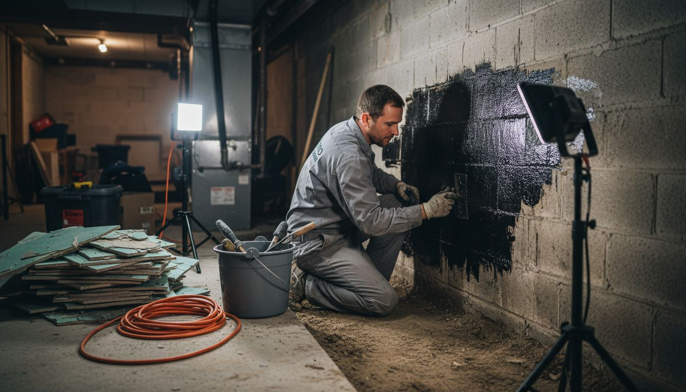 Worker kneeling beside a wall, applying black waterproof coating in a basement