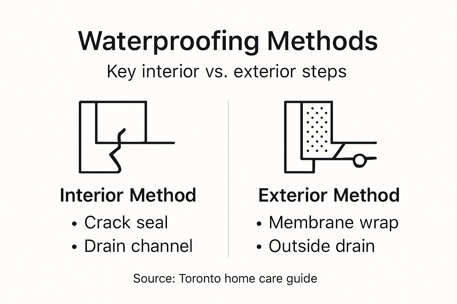 Infographic comparing interior and exterior waterproofing methods with simple diagrams and bullet points.