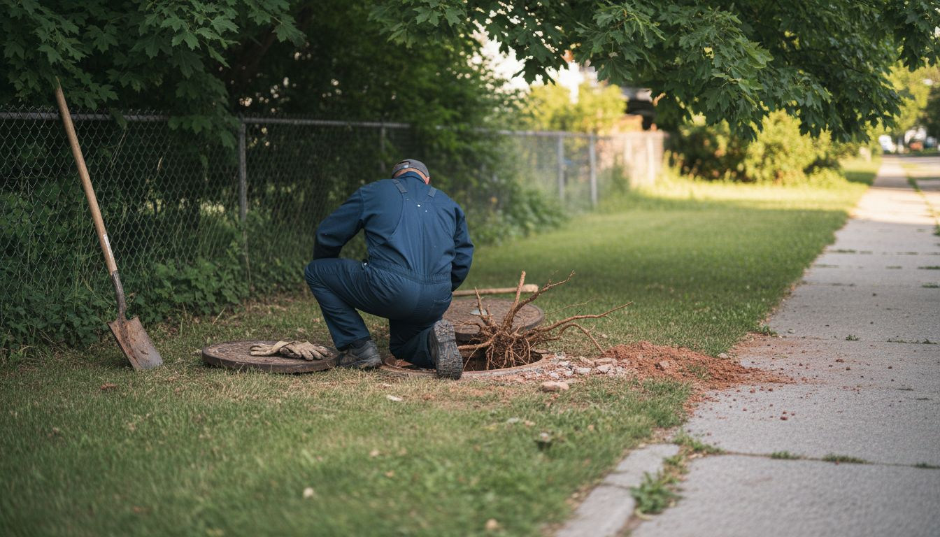 Worker in blue coveralls kneels by a sidewalk, clearing branches and debris beside a grassy fence line.