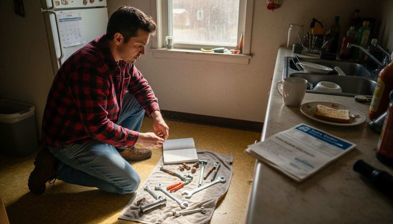 Man kneeling on kitchen floor, assembling tools beside an open manual and scattered parts.