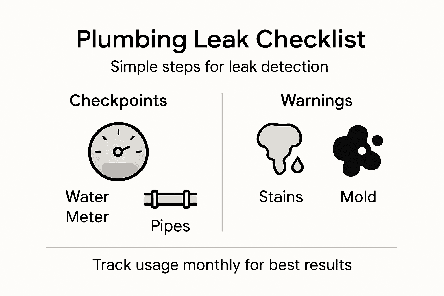 Plumbing leak checklist showing water meter, pipes, stains, and mold warning icons with monthly usage note