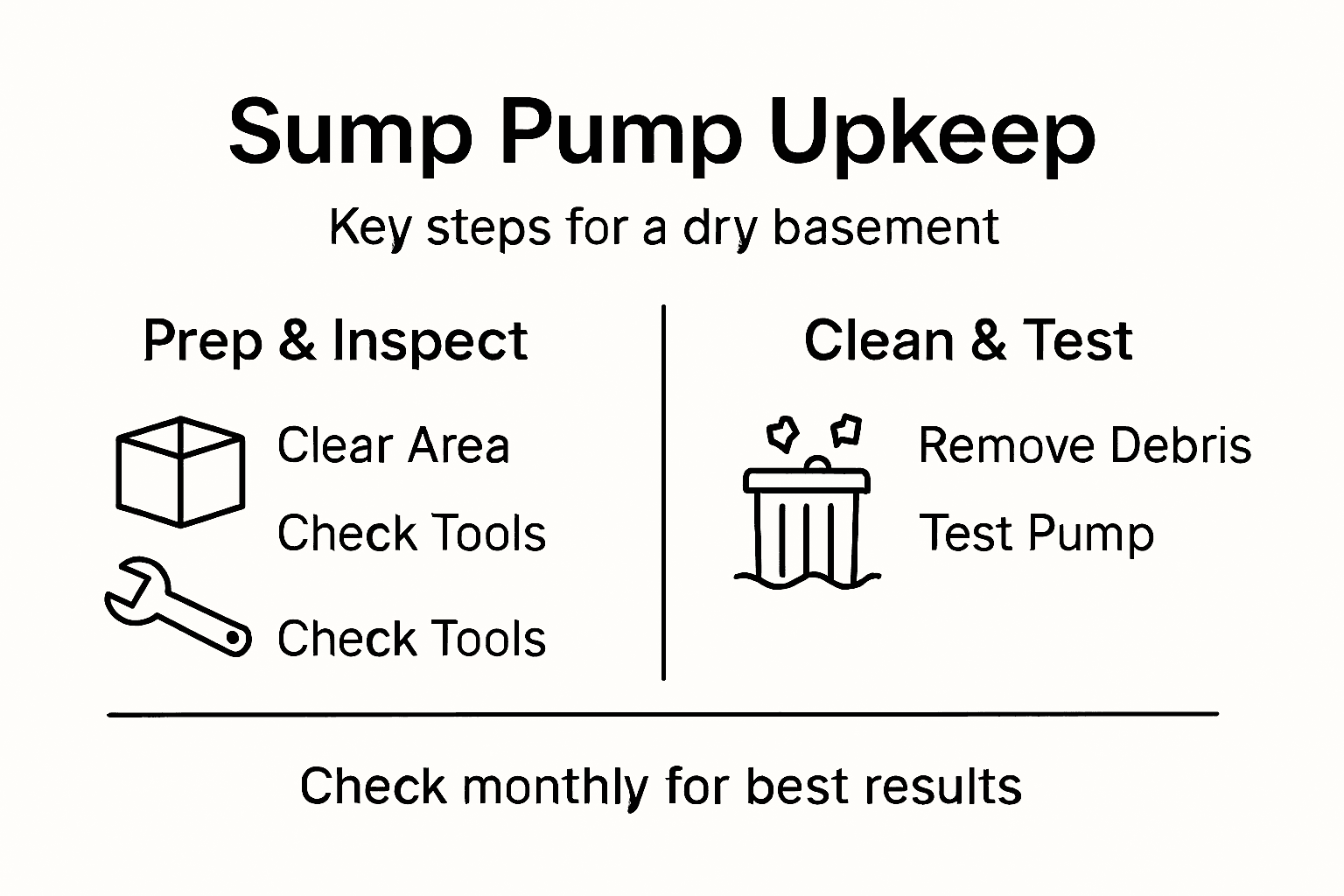 Sump pump upkeep infographic with prep, clean, and test steps for a dry basement.
