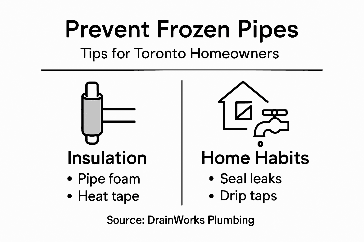 Infographic on preventing frozen pipes in Toronto homes, with insulation, pipe foam, heat tape, and home habits tips.