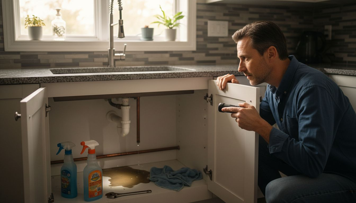 Man inspecting a leaking sink cabinet under a kitchen counter, with cleaning spray bottles nearby.