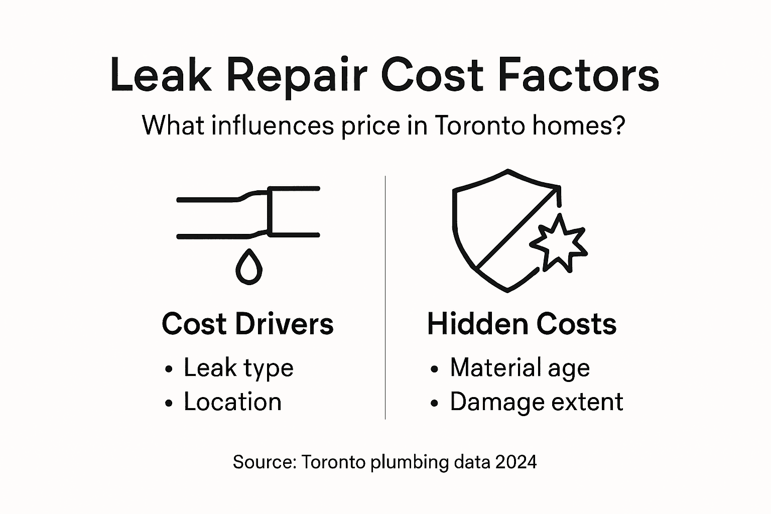 Graphic titled “Leak Repair Cost Factors” showing cost drivers and hidden costs for Toronto homes.