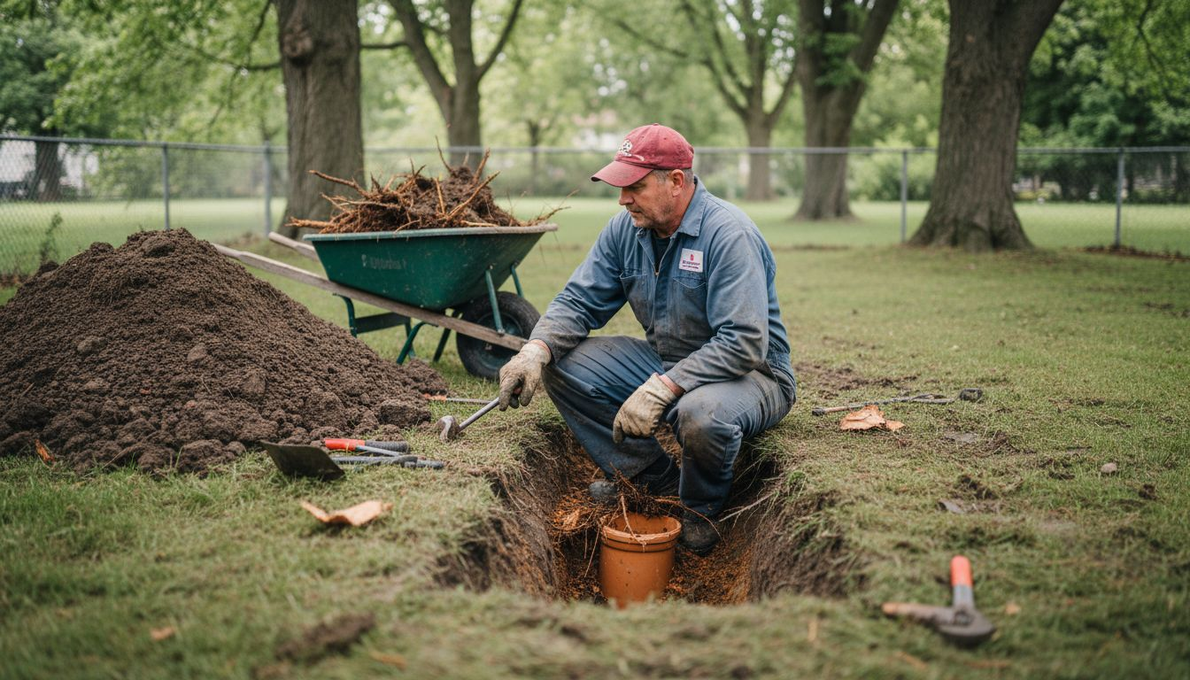 Man in a red cap sits by a compost pile in a park, digging into soil beside a wheelbarrow.