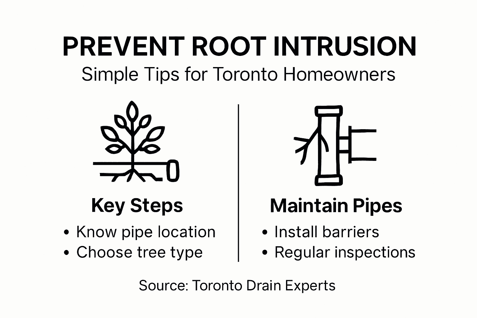Infographic on preventing root intrusion with tree and pipe tips for Toronto homeowners.