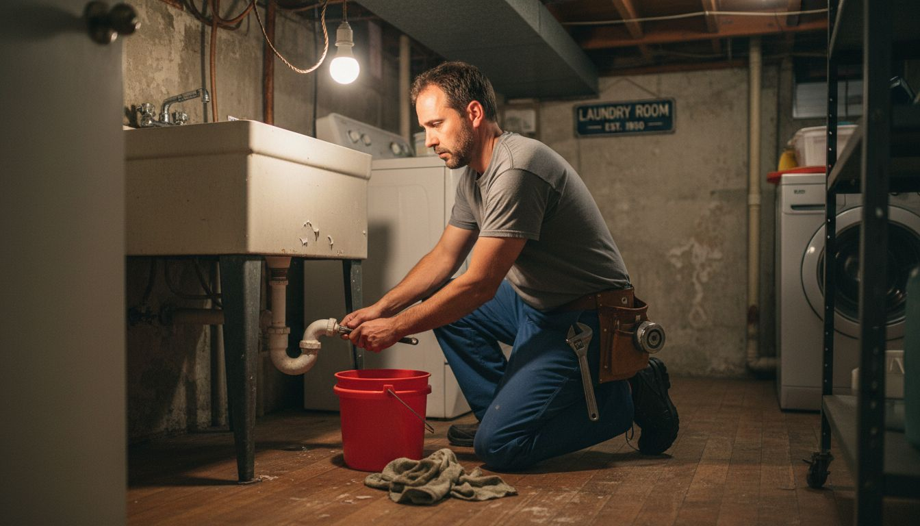 Man kneels under a sink, fixing a leak in a basement utility room with a red bucket nearby.