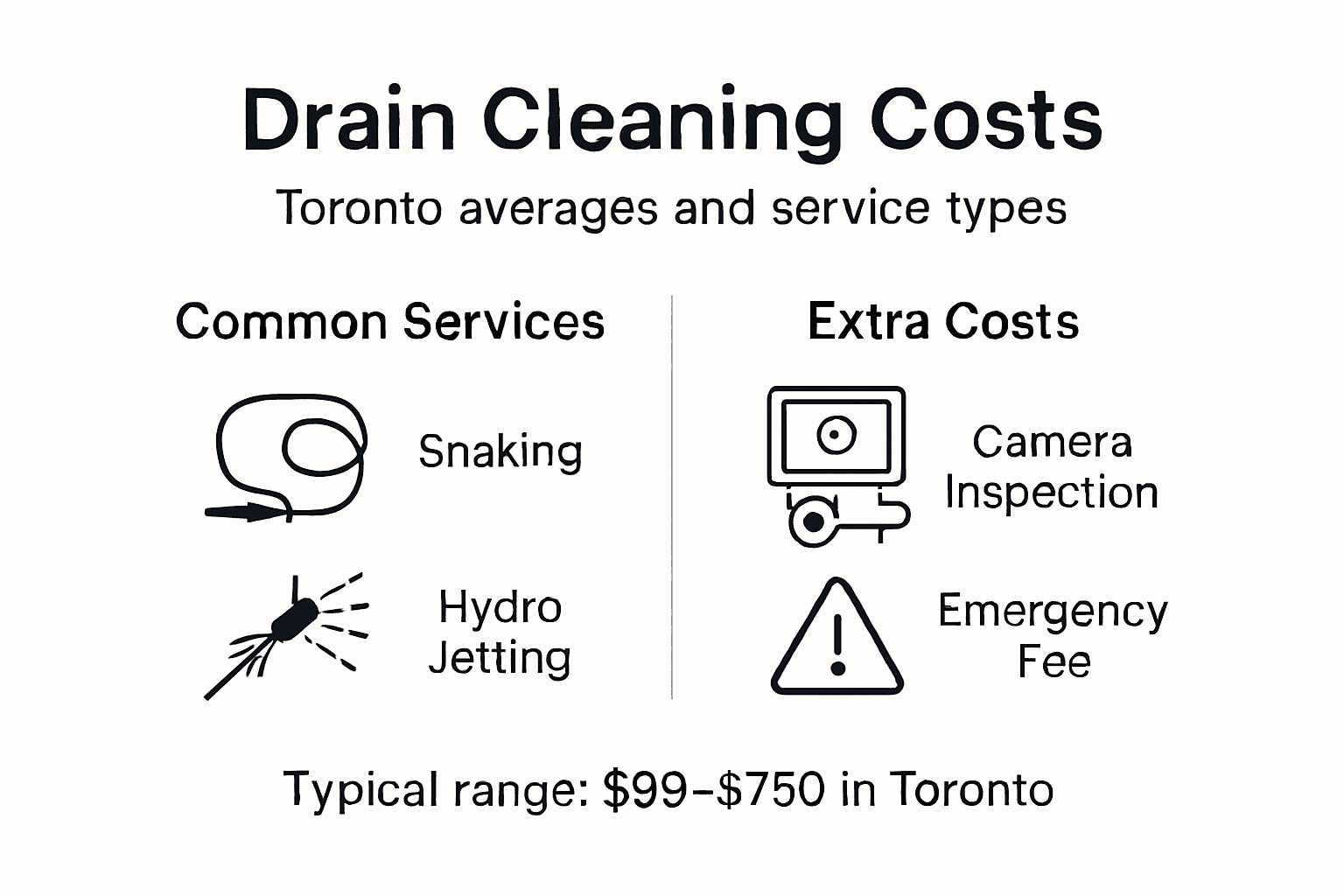 Toronto drain cleaning costs infographic with common services, extra costs, and typical price range.