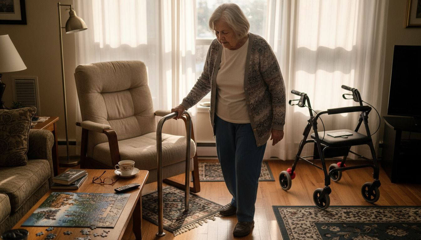 Elderly woman using a walker in a sunlit living room with a recliner, couch, and wheelchair nearby