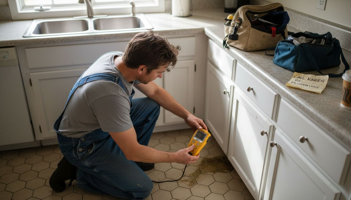 Person kneeling by a cabinet, using a yellow tool to repair a drawer in a sunlit kitchen.