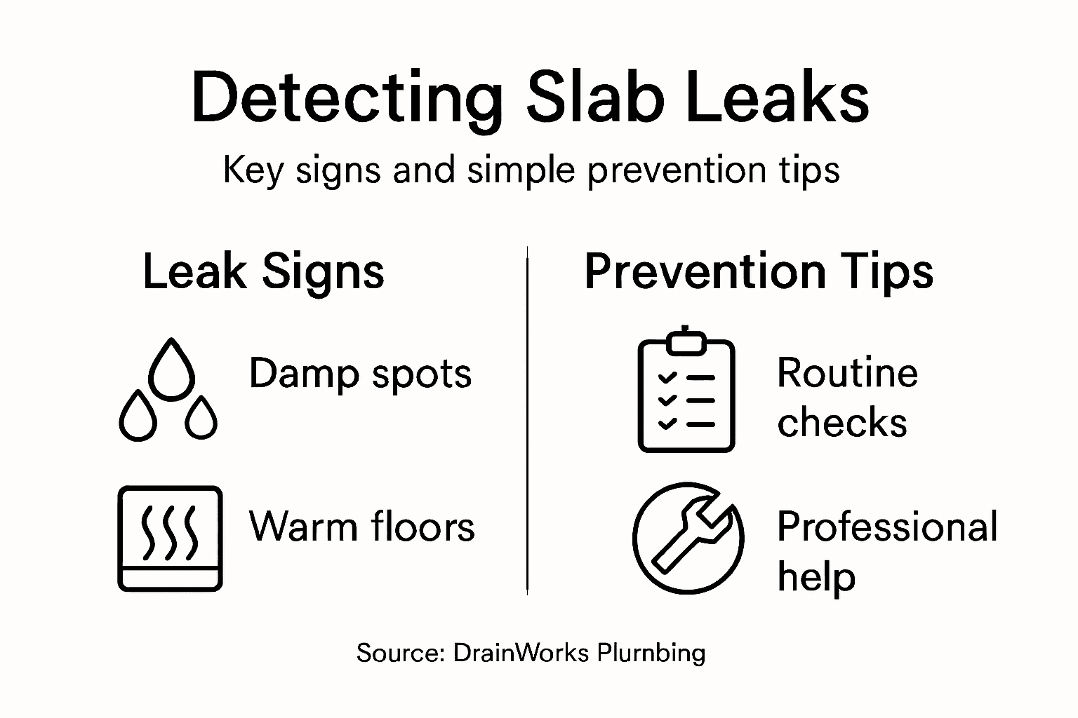 Infographic on detecting slab leaks, showing leak signs and prevention tips with icons and short text.