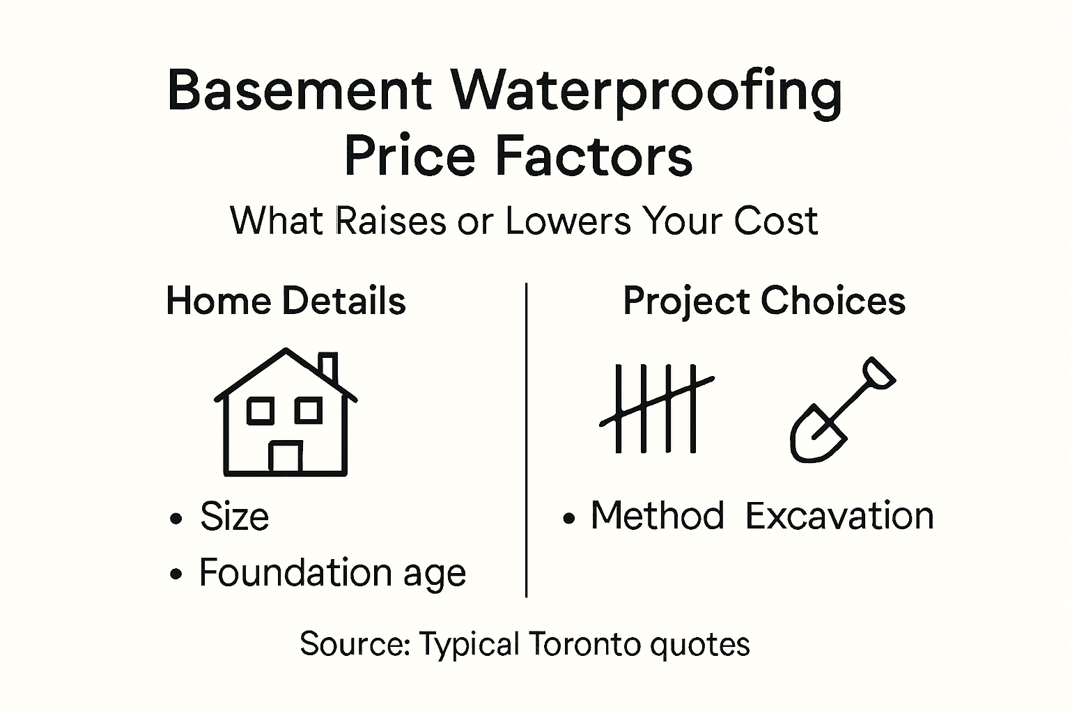 Infographic on basement waterproofing price factors, listing home details and project choices with icons.