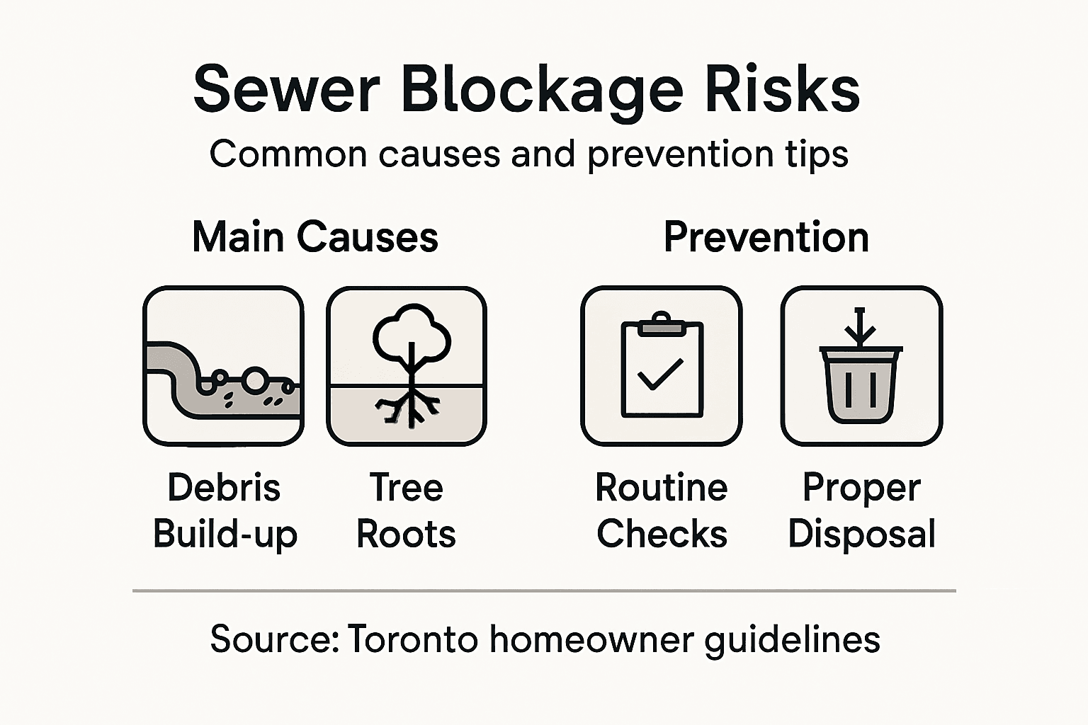 Infographic on sewer blockage risks: debris, tree roots, routine checks, proper disposal.