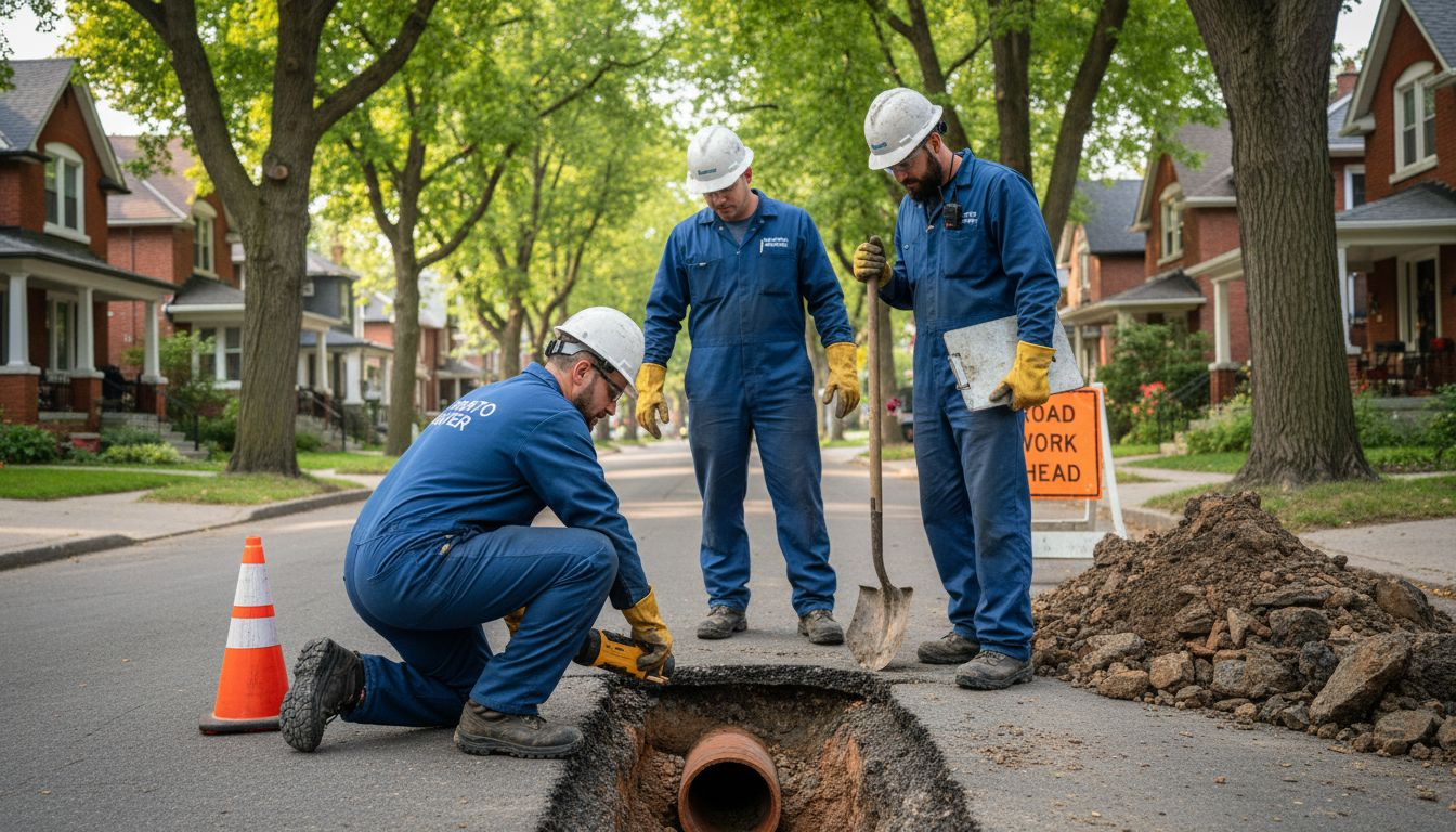 Three utility workers repair a street trench beside a broken pipe on a tree-lined neighborhood road.