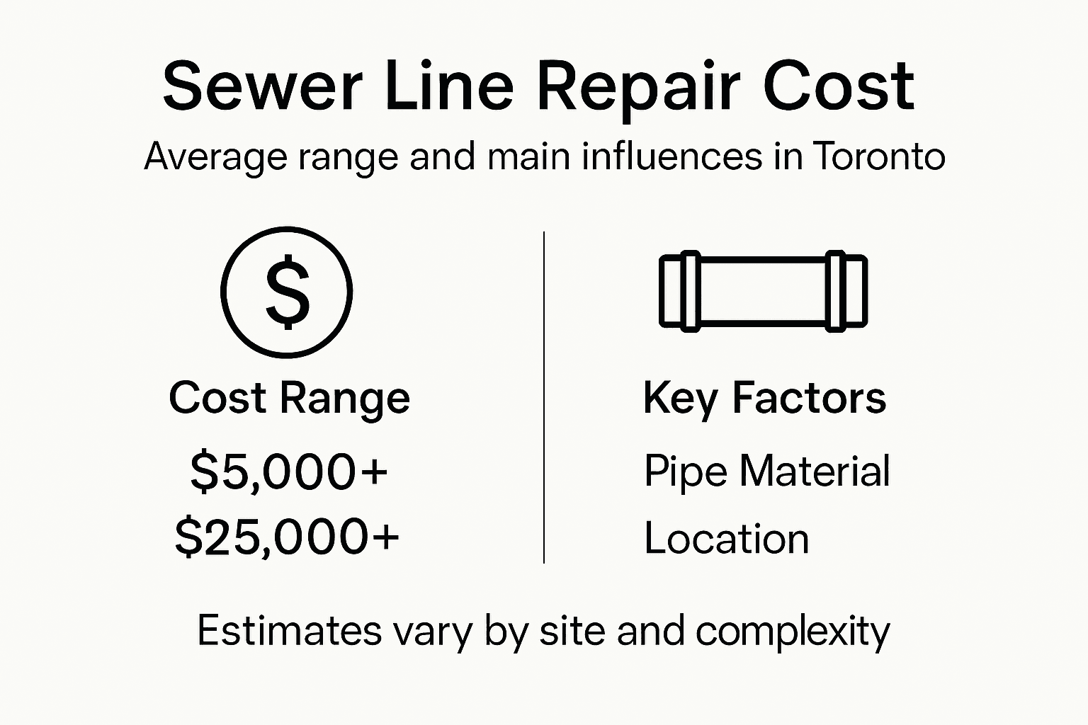 Sewer line repair cost chart for Toronto, with cost range and key factors: pipe material and location.